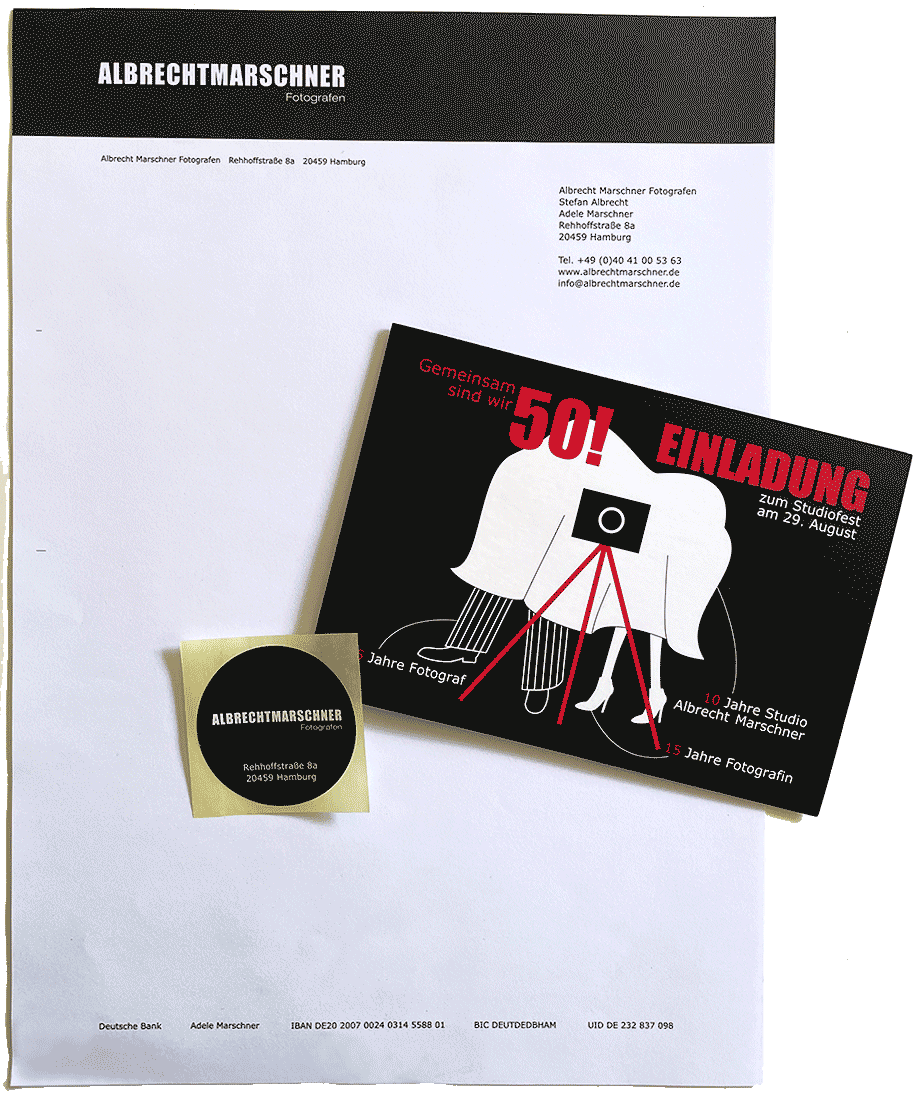 Briefbogen, Aufkleber und eine Einladung innerhalb des Corporate Designs in Schwarz und Weiß