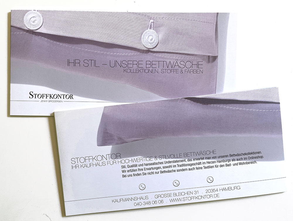 6-seitiger Flyer im Corporate Identity eines Ladengeschäfts mit Onlineshop für Bettwäsche und Accessoires