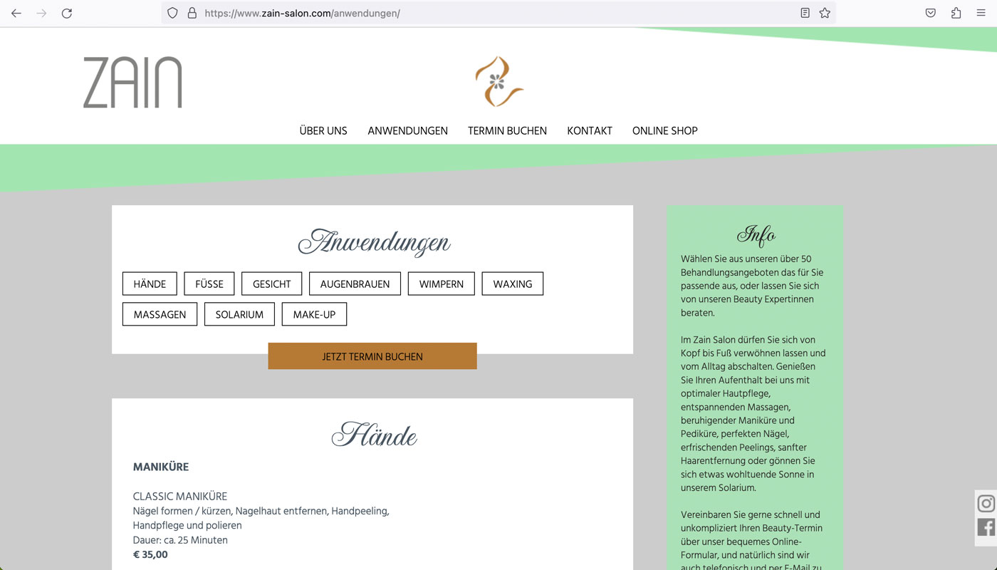 brainbreak Website Referenz Beautysalon Anwendungen Leistungen